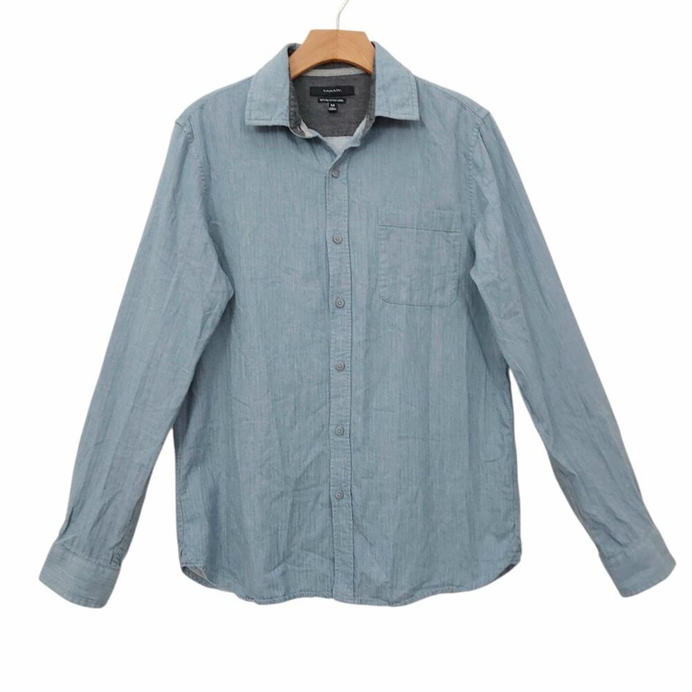 Tahari Mens Medium Blue Fine Flannel Cotton Shirt Slim Fit Long Sleeve Button
